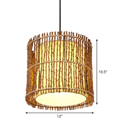 Rattan Cylinder Ceiling Light With Khaki Shade - Asian Pendant Lighting Fixture