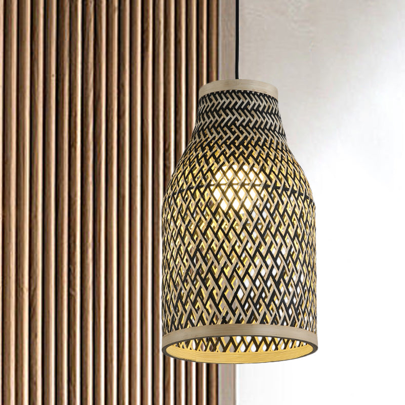 Japanese Rattan Pendant Lighting: Hand Woven Black 1 Bulb Ceiling Lamp