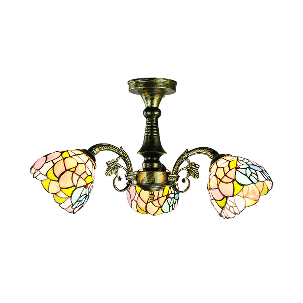 Stained Glass Tiffany Peacock Tail/Leaf/Flower Chandelier Light - Rustic Ceiling Fixture In Antique