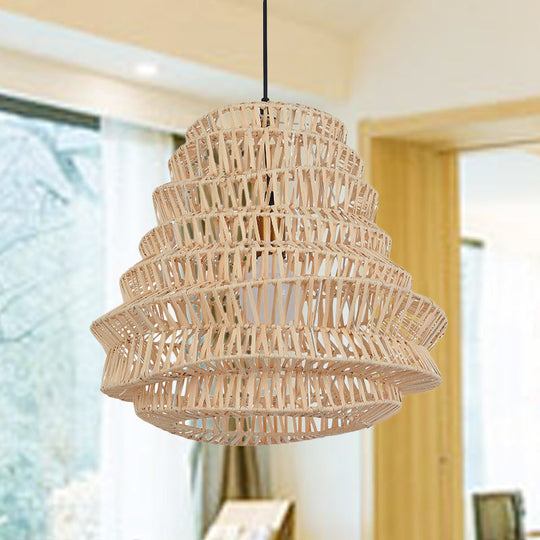 Laser-Cut Bamboo Chinese Hanging Lamp 1-Head Beige Pendant Light Fixture - 12/18 Wide / 12