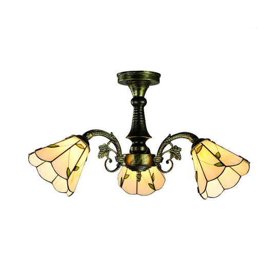 Stained Glass Tiffany Peacock Tail/Leaf/Flower Chandelier Light - Rustic Ceiling Fixture in Antique Bronze for Dining Room