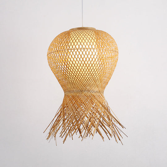 Japanese Handcrafted Bamboo Pendant Light In Beige - 1 Bulb Suspended Fixture