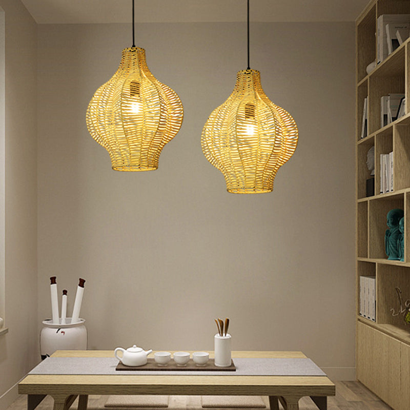 Beige Asian Bamboo Lantern Pendant Ceiling Light For Tearoom