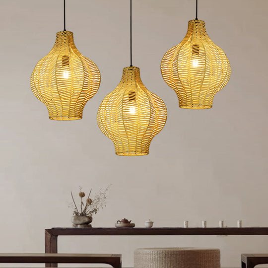 Beige Asian Bamboo Lantern Pendant Ceiling Light For Tearoom