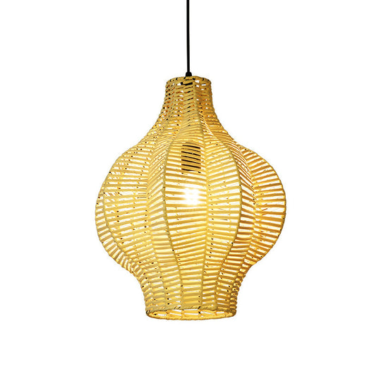 Beige Asian Bamboo Lantern Pendant Ceiling Light For Tearoom