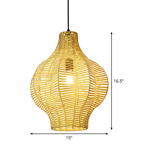 Beige Asian Bamboo Lantern Pendant Ceiling Light For Tearoom