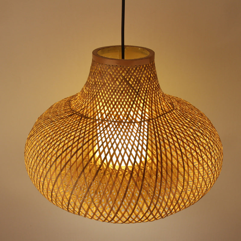 Bamboo Handwoven Japanese Pendant Lamp - 1 Head Ceiling Suspension Light In Flaxen