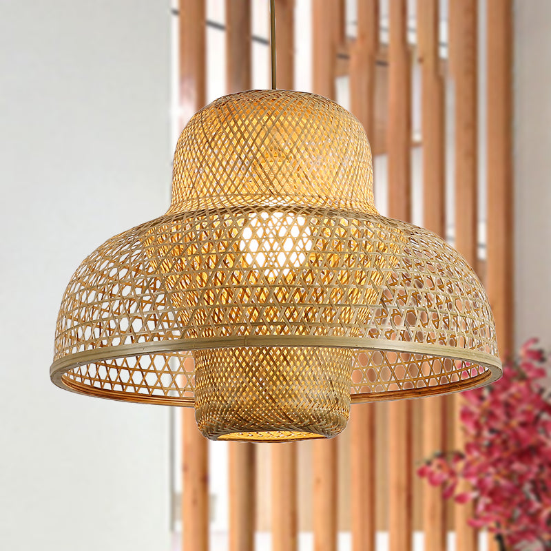 Handcrafted Asian Pendant Light: Flaxen Bamboo Shade 1 Head Hanging Fixture