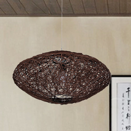 1-Head Asian Teahouse Hanging Light - Black/White Pendant Lighting Fixture With Rattan Lantern Shade