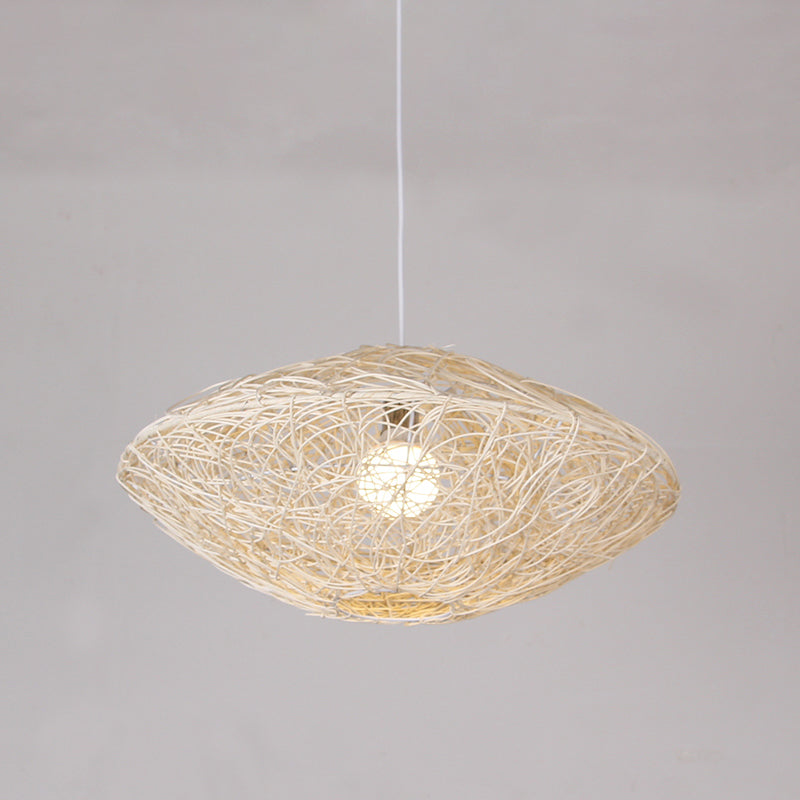 1-Head Asian Teahouse Hanging Light - Black/White Pendant Lighting Fixture With Rattan Lantern Shade