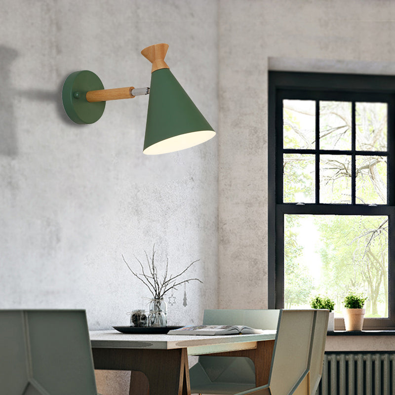 Nordic Style Metal Cone Shade Wall Light: 1-Light Rotatable Bedside Reading Lamp In Blue Green Grey