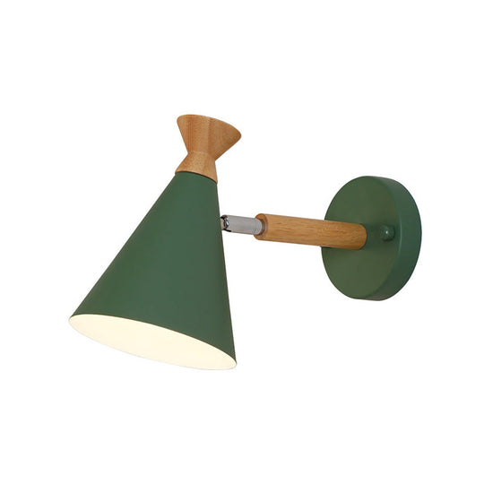 Nordic Style Metal Cone Shade Wall Light: 1-Light Rotatable Bedside Reading Lamp In Blue Green Grey