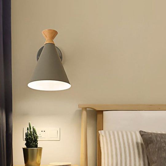 Nordic Style Metal Cone Shade Wall Light: 1-Light Rotatable Bedside Reading Lamp In Blue Green Grey