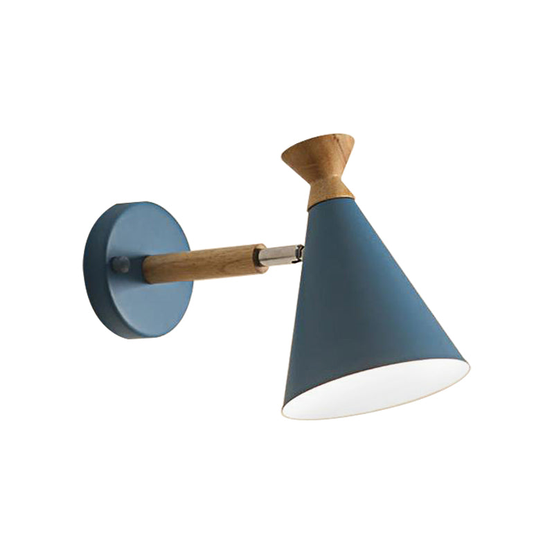 Nordic Style Metal Cone Shade Wall Light: 1-Light Rotatable Bedside Reading Lamp In Blue Green Grey