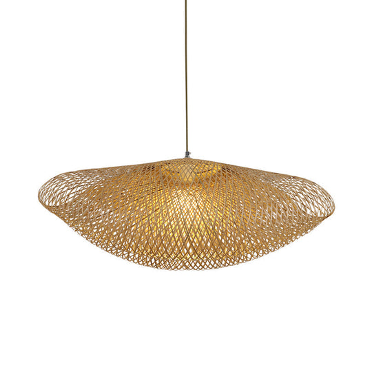 Asian Curved Pendant Light With Bamboo Shade - Flaxen Hanging Fixture 1 Bulb