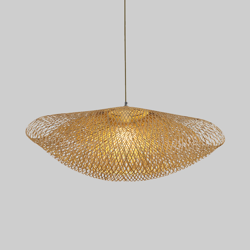 Asian Curved Pendant Light With Bamboo Shade - Flaxen Hanging Fixture 1 Bulb