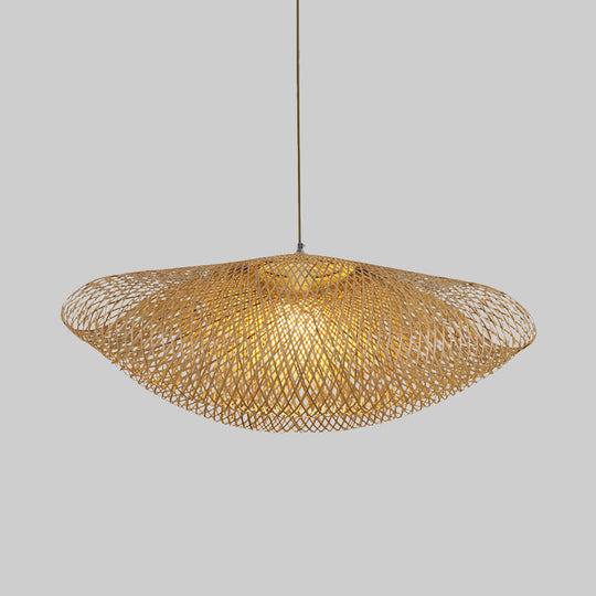 Asian Curved Pendant Light With Bamboo Shade - Flaxen Hanging Fixture 1 Bulb