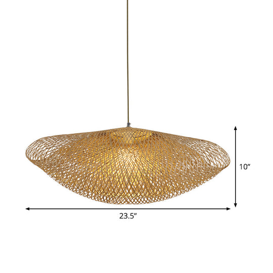 Asian Curved Pendant Light With Bamboo Shade - Flaxen Hanging Fixture 1 Bulb