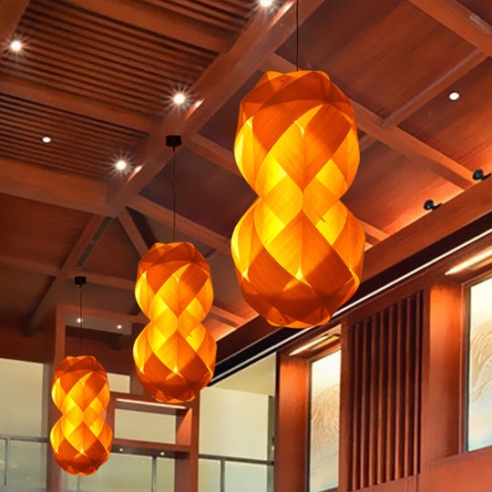 1 Bulb Hand Woven Beige Pendant Light - Chinese Wood Suspended Fixture