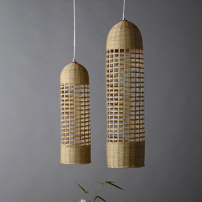 Beige Bamboo Asian Pendant Lamp - Cylinder Hanging Ceiling Light