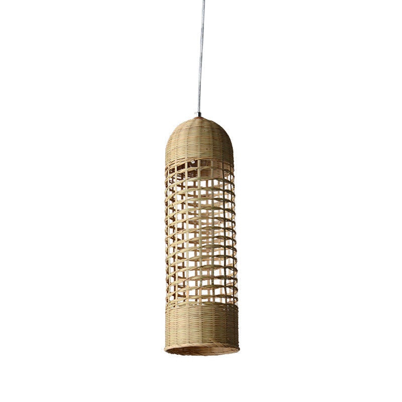 Beige Bamboo Asian Pendant Lamp - Cylinder Hanging Ceiling Light