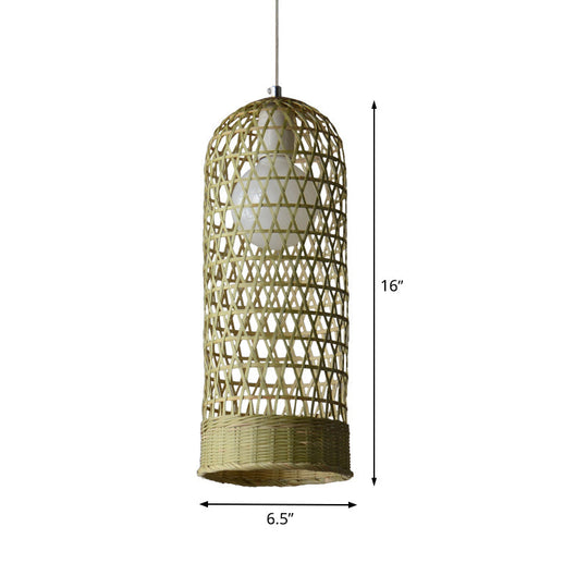 Japanese Hand Twisted Hanging Light Bamboo Pendant - 1 Head Suspended Fixture In Beige