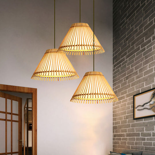 Asian Bamboo Pendant Lamp For Restaurants - Beige Trumpet Design 1-Head Suspended Lighting Fixture