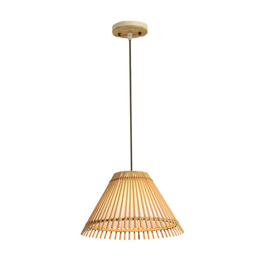 Asian Bamboo Pendant Lamp For Restaurants - Beige Trumpet Design 1-Head Suspended Lighting Fixture