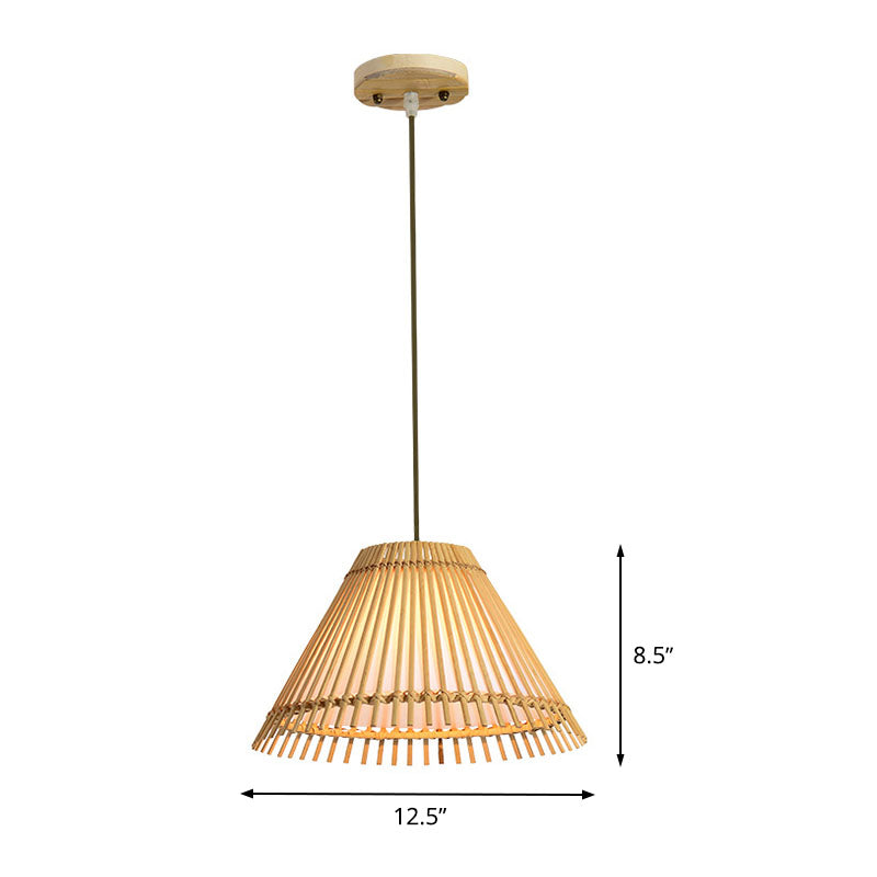 Asian Bamboo Pendant Lamp For Restaurants - Beige Trumpet Design 1-Head Suspended Lighting Fixture