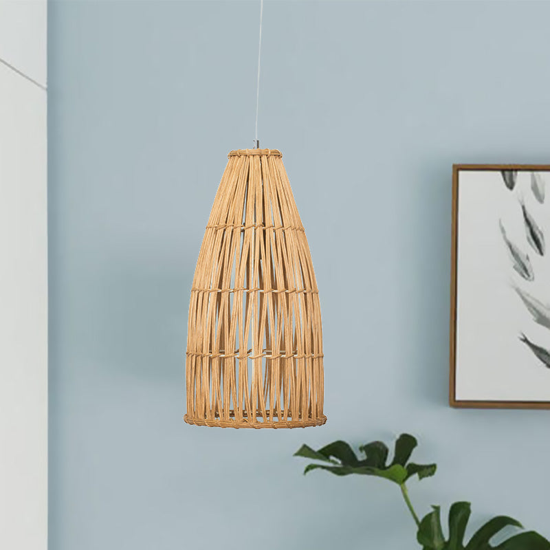 Chinese Bamboo Basket Hanging Pendant Light - Khaki Ceiling Lamp For Dining Room With 1 Bulb