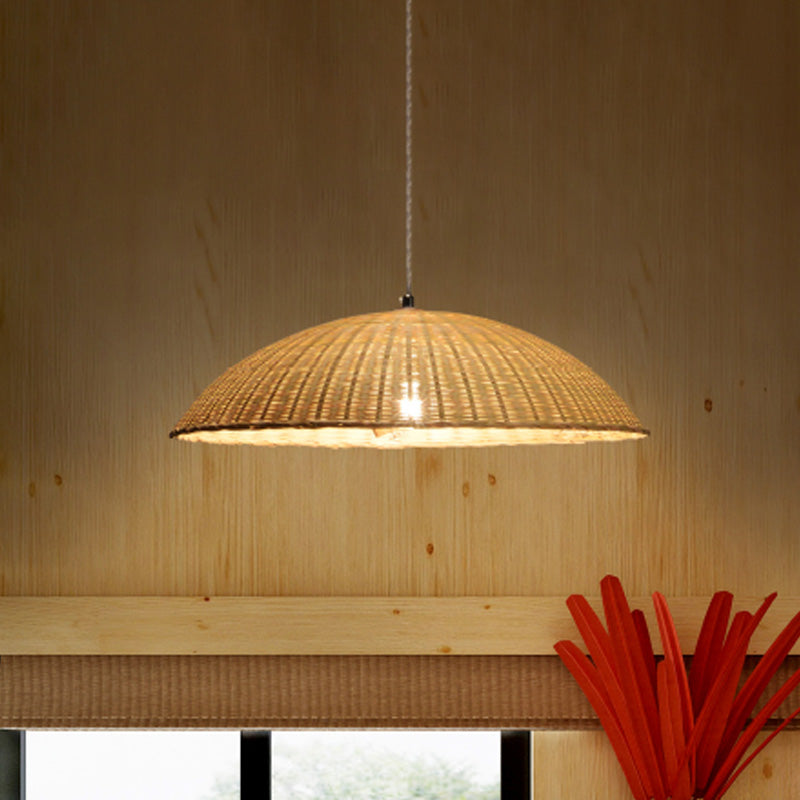 Asian Bamboo Domed Ceiling Lamp - 1 Head Flaxen Pendant Light For Living Room