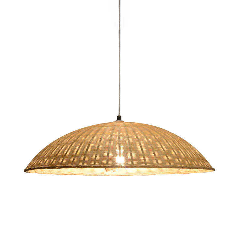 Asian Bamboo Domed Ceiling Lamp - 1 Head Flaxen Pendant Light For Living Room