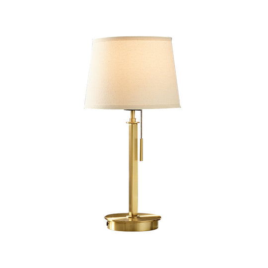 Modernist White Table Lamp With Pull Chain - Barrel Fabric Shade 1-Head Nightstand Light