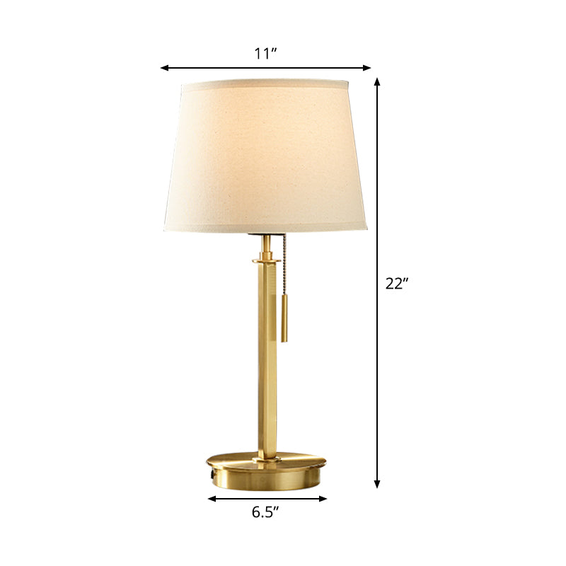 Modernist White Table Lamp With Pull Chain - Barrel Fabric Shade 1-Head Nightstand Light