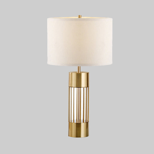 Modern Gold Fabric Shaded Desk Lamp With Laser Cut Metal Base