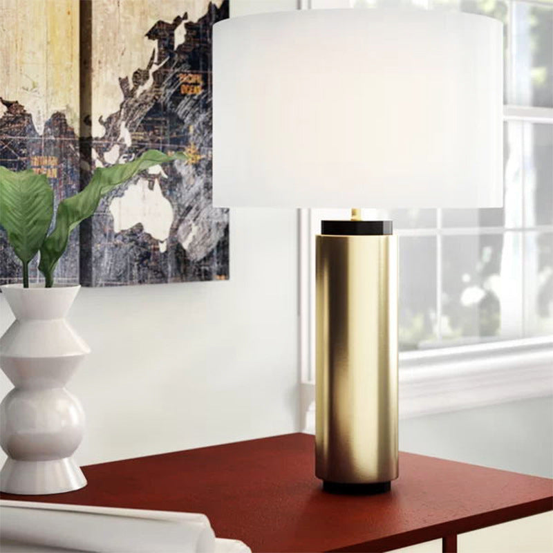 Modern Cylindrical Desk Lamp - White Fabric Shade Gold Metal Base