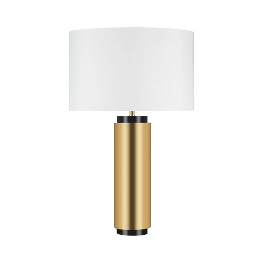 Modern Cylindrical Desk Lamp - White Fabric Shade Gold Metal Base