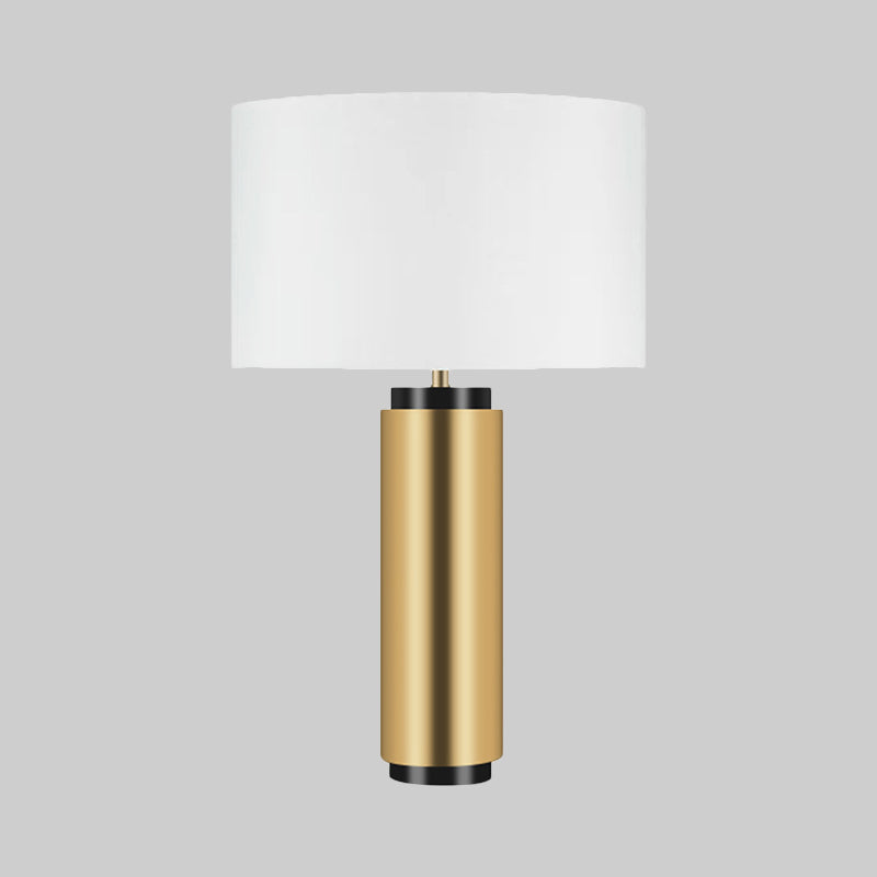 Modern Cylindrical Desk Lamp - White Fabric Shade Gold Metal Base