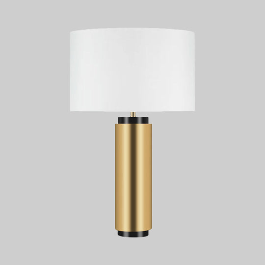 Modern Cylindrical Desk Lamp - White Fabric Shade Gold Metal Base