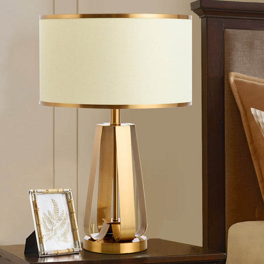 Modernist Gold Drum Table Lamp With Metal Base - Sleek Reading Book Light