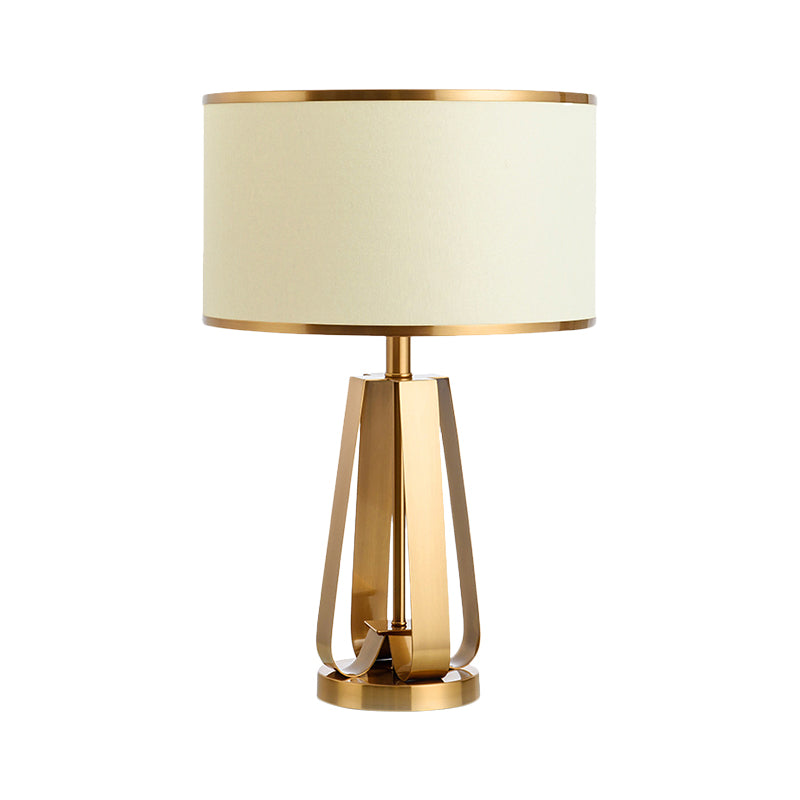 Modernist Gold Drum Table Lamp With Metal Base - Sleek Reading Book Light