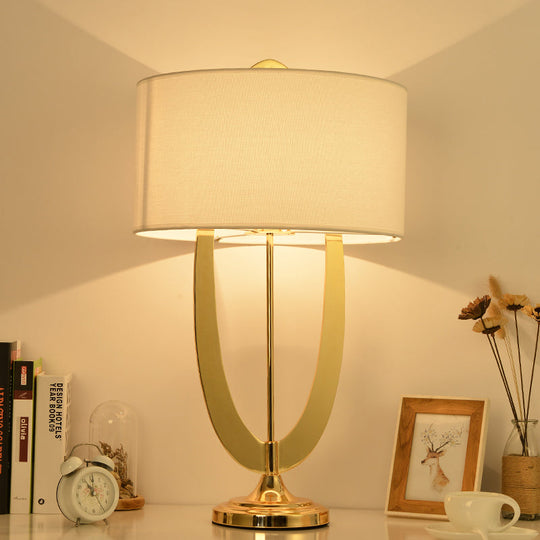 Modern Cylinder Task Lamp: 1-Head Fabric Reading Light In White With Metal Base