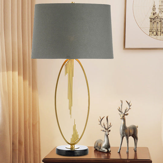 Modern Grey Tapered Drum Task Light Fabric Night Table Lamp With Marble Base