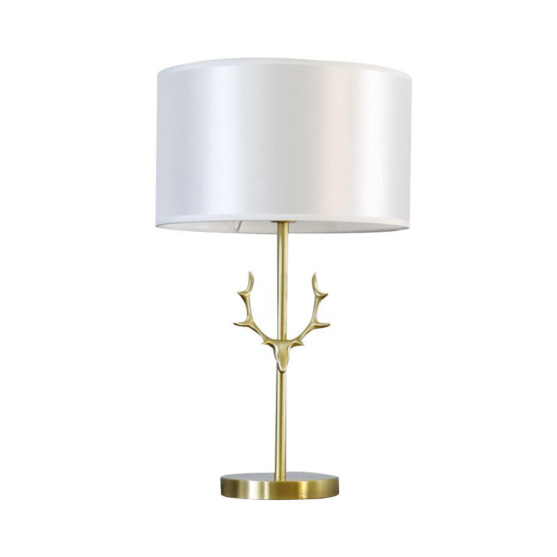 Modern Cylindrical Fabric Desk Light: White Night Table Lamp With Gold Metal Elk Accent