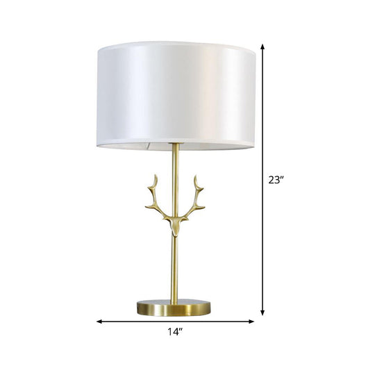 Modern Cylindrical Fabric Desk Light: White Night Table Lamp With Gold Metal Elk Accent