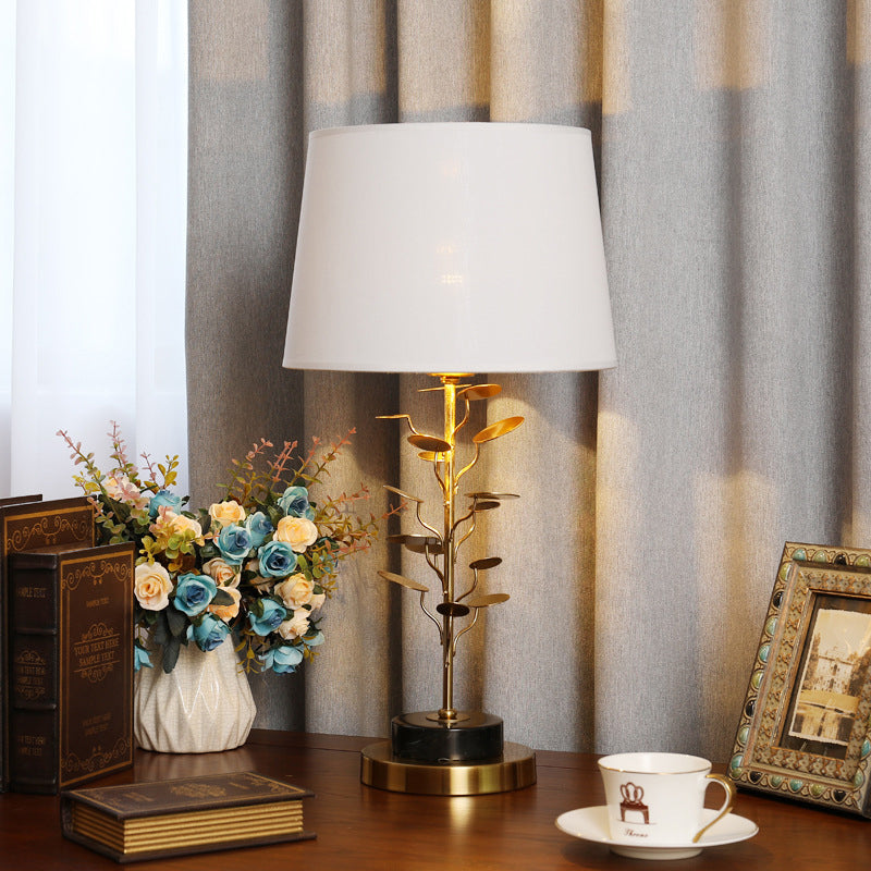 Modern Conical Table Lamp - White Fabric Shade With Gold Metal Base Ideal For Reading & Decor