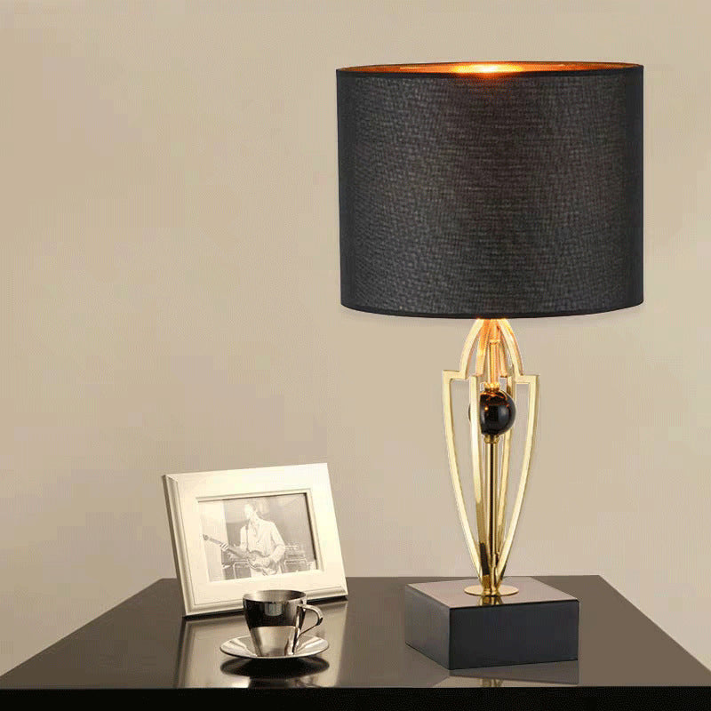 Modernist Small Black Desk Lamp With Marble Base - Fabric Drum Task Light For Efficient Lighting