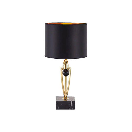 Modernist Small Black Desk Lamp With Marble Base - Fabric Drum Task Light For Efficient Lighting