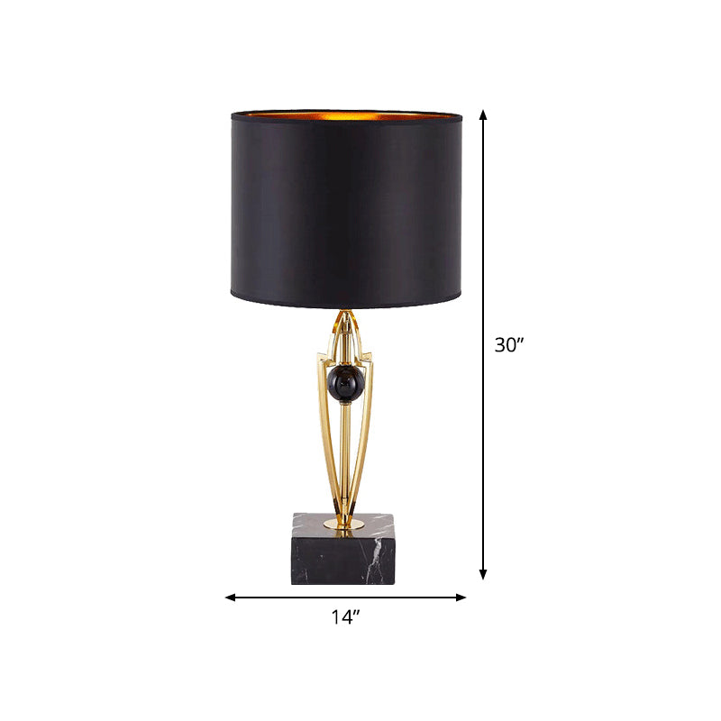 Modernist Small Black Desk Lamp With Marble Base - Fabric Drum Task Light For Efficient Lighting