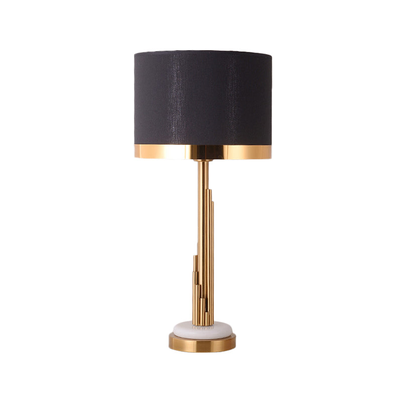 Contemporary Gold Cylindrical Night Table Lamp With Black Fabric Shade - 1 Bulb Task Lighting